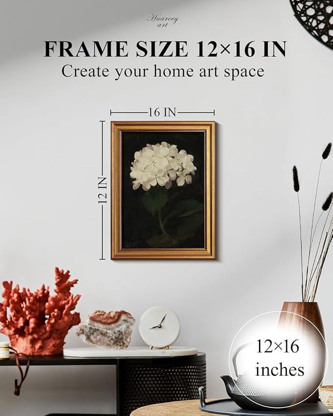 HUARCEY Gold Framed Vintage Wall Art for Living Room, Flowers Painting Canvas Prints Shelf Decor for Kitchen, Aesthetic Bedroom Wall Art, Christmas Gifts for Friends Family (White Hydrangea 12"x16")