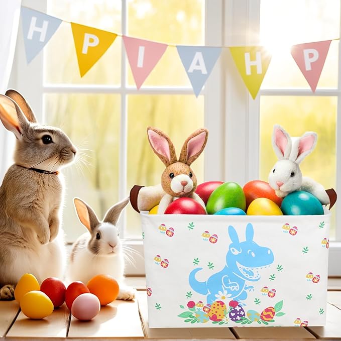 Large Rectangular Cute Kid Easter Basket Empty Bunny Eggs Easter Basket Gift Spring Room Storage Organizer Décor (Blue Dinosaur Easter Egg)