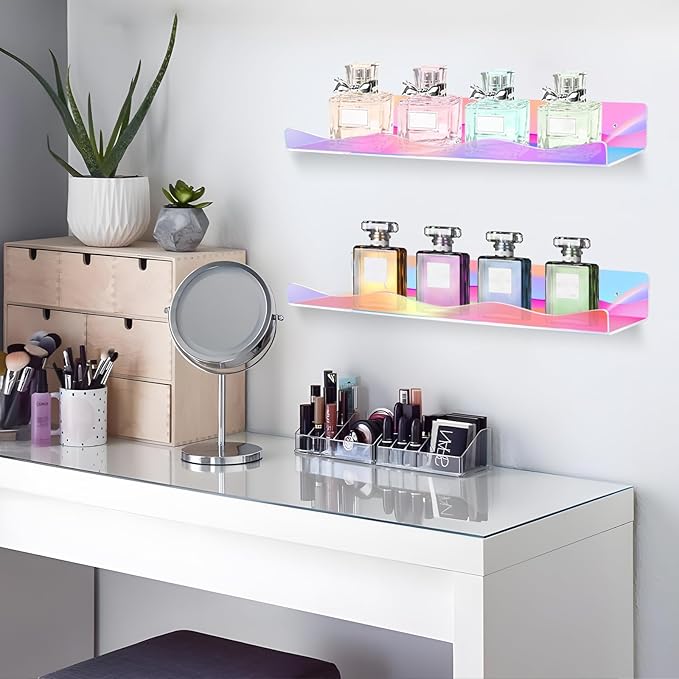 4 Pack Iridescent Acrylic Floating Shelves, 15.7" Clear Acrylic Display Shelves Bookshelf Wall Mounted, Bathroom Kids Room Home Storage Wall Decor Ledge Shelf for Skincare, Perfume, Nail Polish