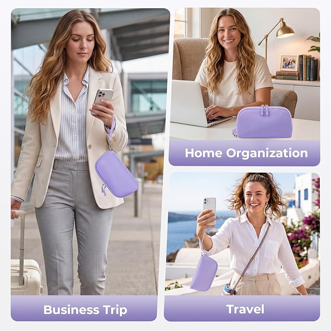 FYY Travel Cable Organizer - 8 Compartments Lightweight Water Resistant Tech Pouch with Wrist Strap, Electronic Accessories Case for Cord Charger Storage for Travel Home Office, Purple (Medium)