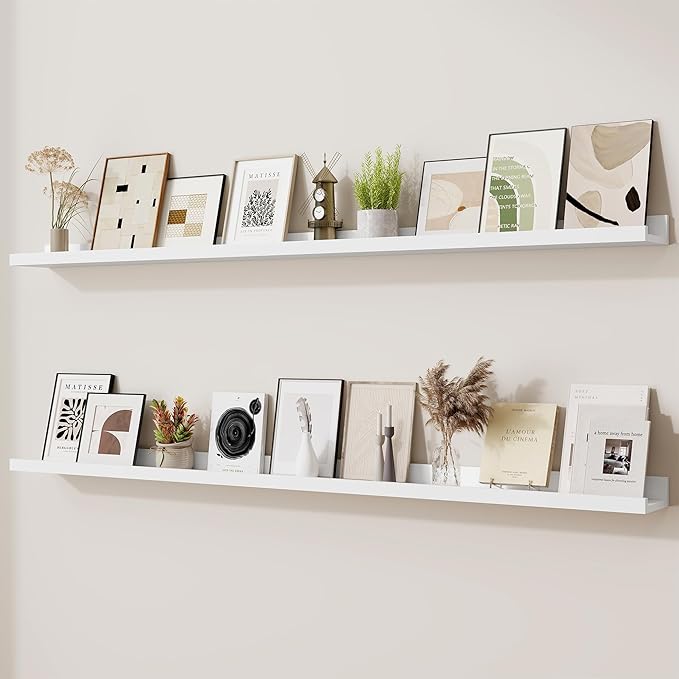 Heimlove Picture Ledge Shelf,56 inch Long Floating Shelves for Wall Set of 2,White Picture Shelf with Lip for Wall Decor,Living Room,Bedroom,Bookshelf,Nursery,Perfume
