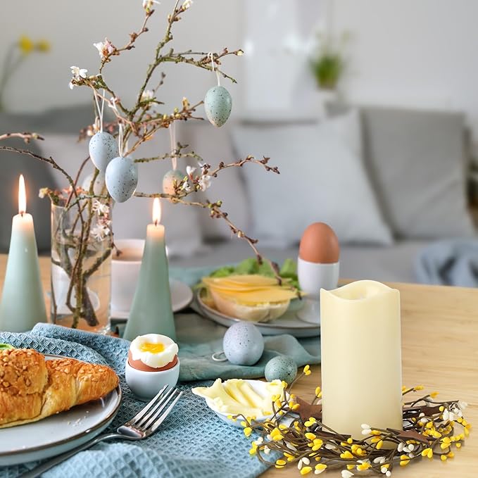 Daifunli 2 Pcs Spring Country Primitive Yellow Pip Berry with Rusty Tin Stars Candle Ring Vintage Pip Berries Wreaths for Pillar 3.9 Inch Candles Holder for Spring Easter Rustic Table Centerpiece Deco