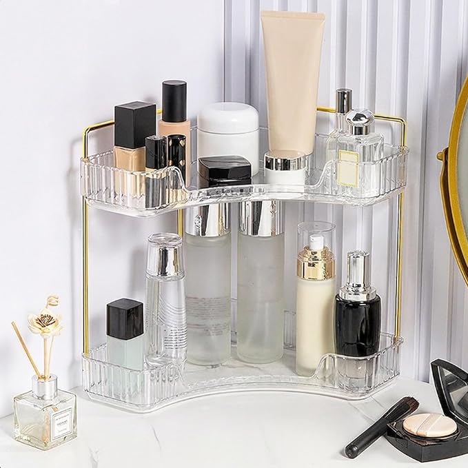 Multi-Tier Corner Countertop Organizer Rack, Makeup Organizer Countertop, Bathroom Counter Organizer, for Skincare and Cosmetics, Ideal Vanity Gift (Transparent White, 2-Tier)
