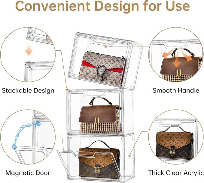 Purse Organizer for Closet,Clear Acrylic Display Case for Handbag Organizer, Purse Storage Box with Magnetic Door, Plastic Storage Bins for Book, Collectibles, Cosmetic (3 Pack)