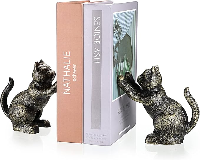 2 Pack Cat Decorative Bookends for Shelf - Cast Iron Book Ends Cute Dog Bookend Support for Home Decor, Heavy Duty Book Stands Vintage Antique Shelf Decor for Reading Enthusiasts or Cat Lovers
