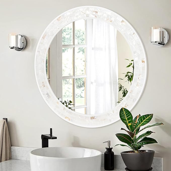 Tanmicoshomy Round Bathroom Mirror 26 Inch, Circle Mirror with Natura Shell Inlay Frame, Decorative Round Mirror for Bathroom Bedroom Living Room Entrayway