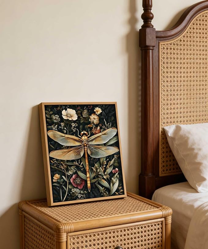 Framed Vintage Botanical Dragonfly Wall Art Dark Green Gothic Nature Dragonfly Flowers Wall Decor Pictures for Living Room Bedroom Home Decoration 8x10in