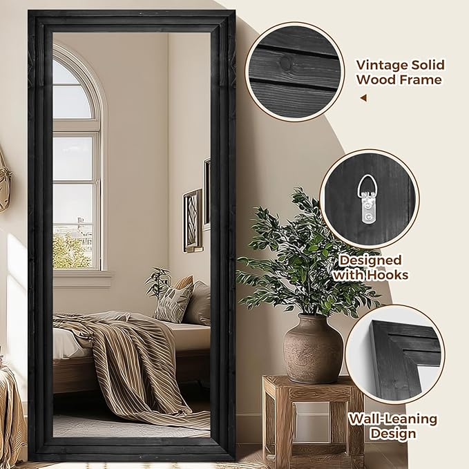 Full Length Wood Mirror 76x34 - Rustic Solid Wood Floor Mirror with Triple Layer Frame, HD Tempered Glass, Wall Mounted or Leaning Standing Mirror Vintage Black Mirror for Bedroom Bathroom Living Room