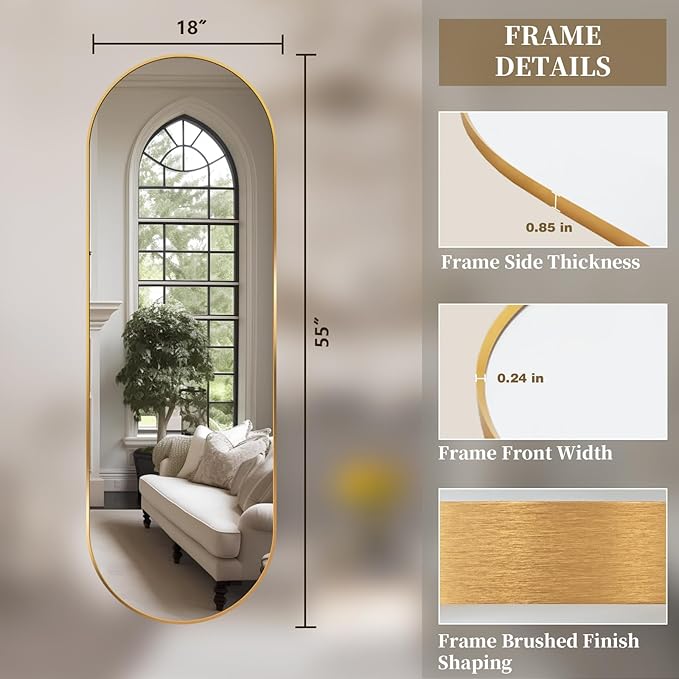 Oval Full Length Mirror, 55"×18" Wall-Mounted Mirror with Gold Frame, Ultra-Clear Explosion-Proof Dressing Mirror, Simple and Classic Deco for Cloakroom/Bedroom/Living Room