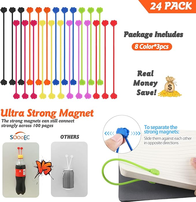 SOOOEC Magnetic Cable Ties, 24 Pack 7.2" Magnetic Cord Organizer Cute Cloud Design, Reusable Silicone Twist Ties with Strong Magnet for Bundling and Cable Management, Fridge Magnets, Assorted Colors.
