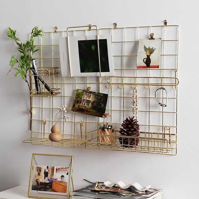 Metal Mesh Wall Grid Panel for Photo Display,Message Board,Size: 17.5" x 11.8",Pack of 2 (Gold)
