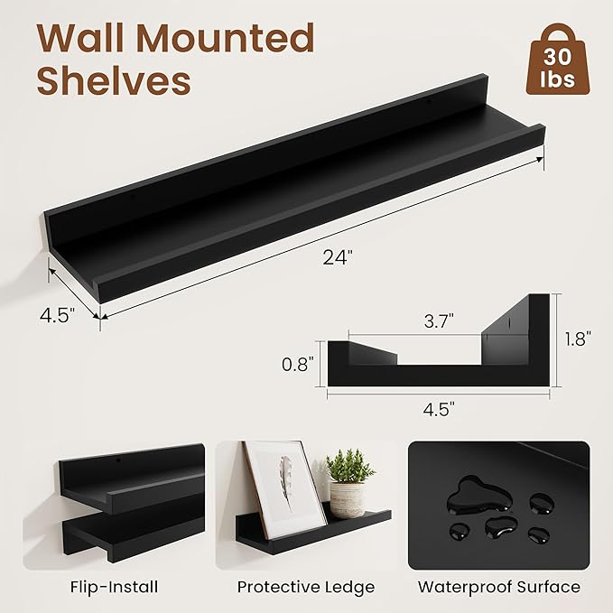 Heimlove Picture Ledge Shelf,24 inch Long Floating Shelves for Wall Set of 2,Black Picture Shelf with Lip for Wall Decor,Living Room,Bedroom,Bookshelf,Nursery,Perfume