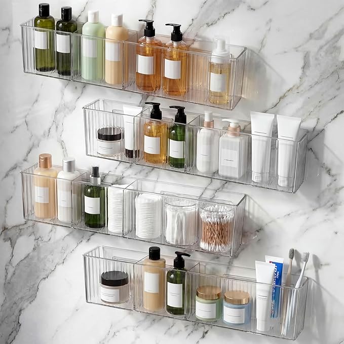 Briwooody 4 Pack Bathroom Wall Makeup Organizer Plastic Wall Mount Storage Organizer Clear No Drilling Hang Walls Adhesive Shower Shelf Cabinet Shelves with 3 Compartments for Bathroom Kitchen