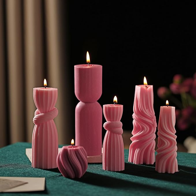 Threlaco 6 Pcs Pink Pillar Candles Decorative Modern Aesthetic Ribbed Candle Set Cute Soy Wax Scented Ribbed Decor Valentine's Commemorative Gift for Home Decoration(2.36-6.69 Inch)