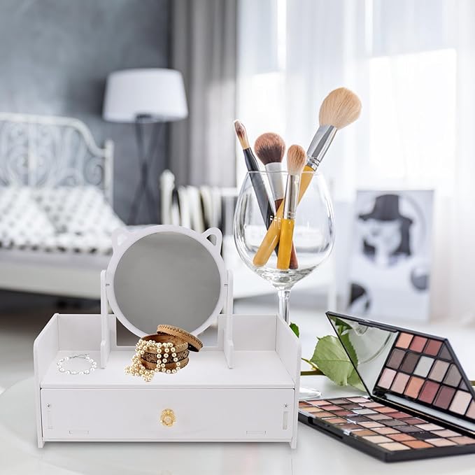 Tofficu Desktop Makeup Mirror with Storage Drawer, Large Round Cosmetic Organizer for Women, Multifunctional Vanity Mirror with Single Drawer for Bedroom and Dressing Table