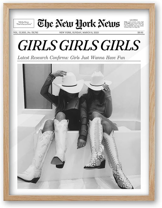 iHery Girls Just Wanna Have Fun Framed Trendy Cowgirl NewsPaper Wall Art, 12x16in Natural OAK Wood Black and White Canvas Wall Decor For Bedroom Dorm Living Room,Vintage Bar Car Home Décor 1Pack