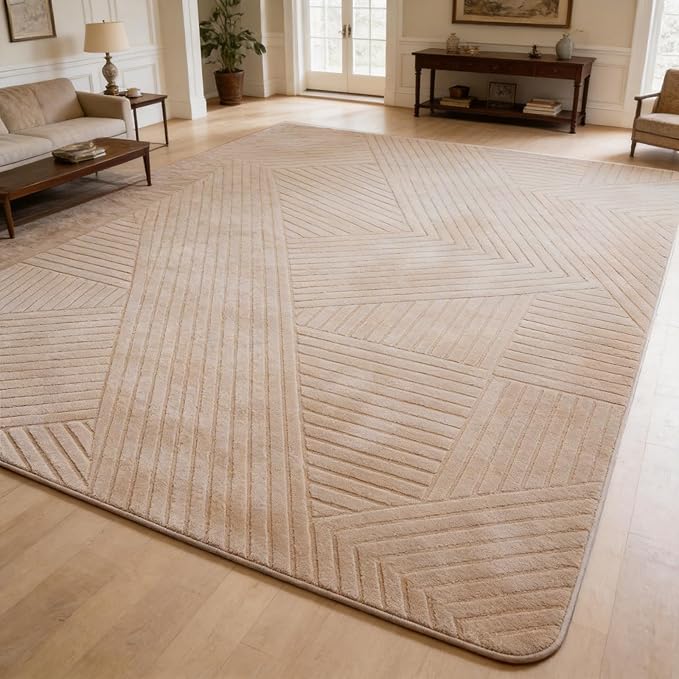 8x10 Solid Color Area Rugs, Brown Modern Geometric Rug, Living Room Rug, Durable Non-Slip Soft High-Low Pile, Fluffy Floor Rugs for Bedroom, Kids Room, Nursery, Home Décor, Light Brown
