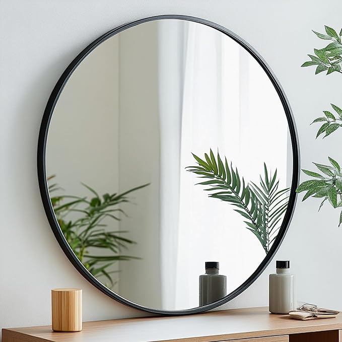 Oruii Black Circle Mirror, 20 inch Round Mirror, Black Bathroom Mirror Circular, Round Wall Mirrors for Living Room, Bedroom, Bathroom, Washroom, Rustic, Vanity.