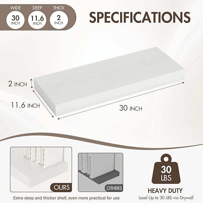 Acovy 30 Inch Floating Shelves, 12" Deep Floating Shelf Wall Mounted, 30" Wall Shelves, Rustic Deep Bookshelf, Extra Deeper & Thicker Display Shelves for Bedroom, Living Room, White, Set of 2