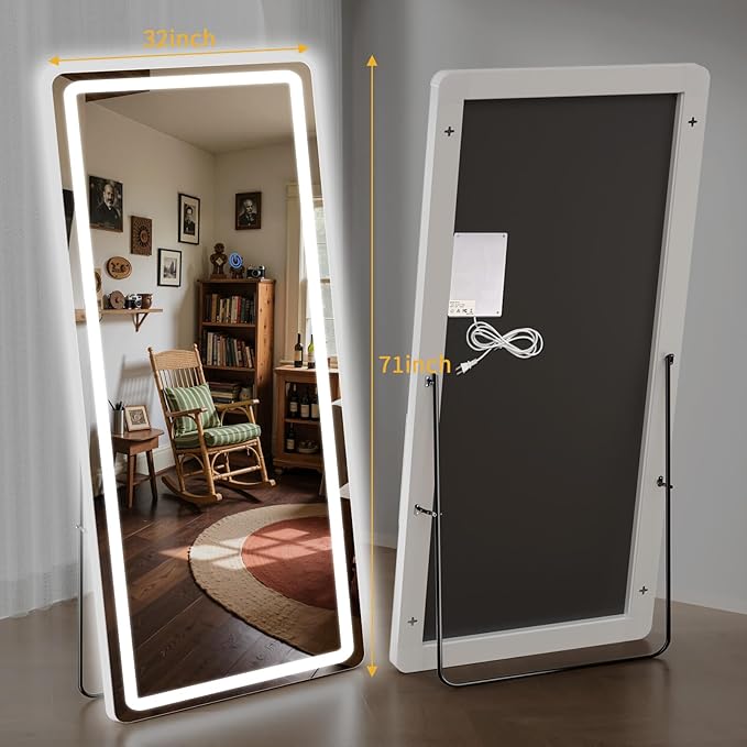 Standing Mirror Full Length with LED Lights, 71"x32" Lighted Mirror with Dimming & 3 Color Lighting, Tall Mirror Full Body for Bedroom, Dressing Room
