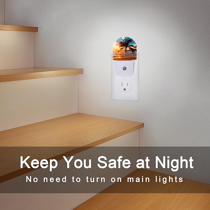 Sunset Night Light,Tropical Palm Trees Sea Beach Night Lights Plug into Wall, Dusk to Dawn Sensor LED Lamp 0.5W for Boys/Girls/Women/Men Decorations Room 0.5W Sleep Friendly