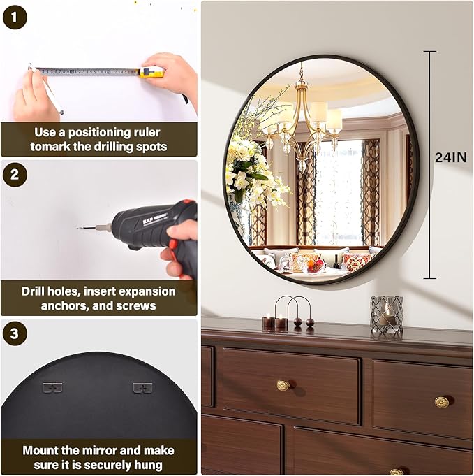 XRAMFY 24 Inch Round Mirror - Circle Mirrors for Bathroom, Entryway and Living Room Wall Decor, Modern Hanging Vanity Mirror, Matte Black Circle Decorative Wall Mirror