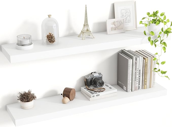 Acovy 36 Inch Floating Shelves, 8 Inch Deep Floating Shelves for Wall, Hanging Shelf with Invisible Brackets, Deep Shelves for Bathroom, Bedroom, Living Room, White, Set of 2