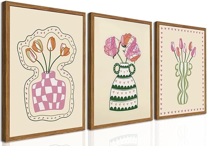 Framed Boho Floral Canvas Wall Art Set of 3, Pink Tulip Flower Paintings Wall Decor, Abstract Botanical Pictures Prints Minimalist Home Decor Aesthetic for Living Room Bedroom Office 16×24 inch
