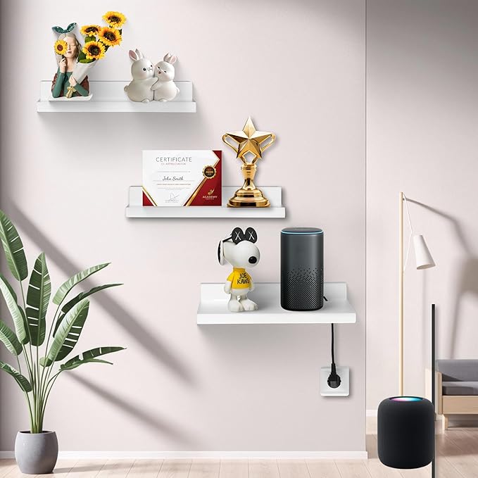Small Floating Shelf for Wall,9X5 Inch Wall Mounted Shelf with Cord Hole,Small Display Shelves for Cameras, Webcam, Router,Smart Speaker,Action Figures-2 Pcs(White