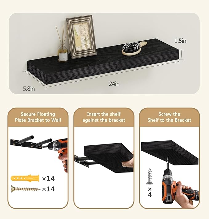 Vervida® 6 Pack Black Floating Shelves,24" W x 5.8" D x 1.5" H, Holds Up to 37 Lbs, Ideal for Living Room, Bedroom, Bathroom, Kitchen, Office, Storage, Display, with Invisible Brackets Wall Shelves
