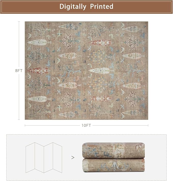Srugn Washable Rugs 8x10 Area Rugs for Living Room,Bedroom,Dining Room-Large Ultra Soft Faux Wool Retro Carpet,Non Slip&Non-Shedding Low Pile Vintage Print Rug for Home Office Dorm Playroom-Terracotta