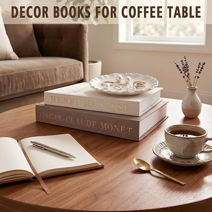 Decorative Books for Home Decor,Coffee Table Decor with Linen White Books Stack Bookshelf, Fake Book Double as Libros Decorativos and Photo Storage (3 Piece Set with Tray)