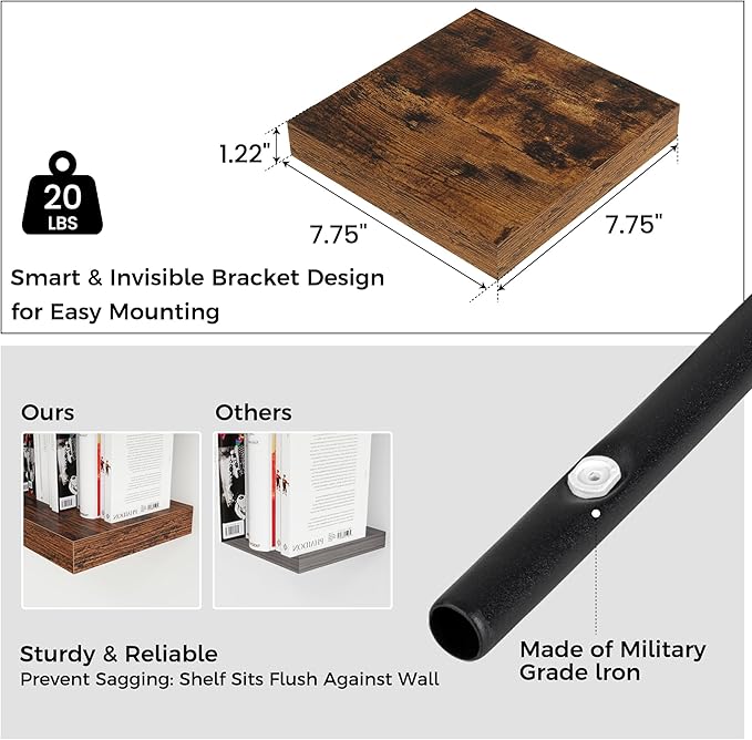 Square Floating Shelves for Wall 8"W x 8"D x 1.2"H, Small Engineered Wood Wall Shelves with Invisible Brackets for Living Room Bedroom Bathroom Office Kitchen Storage & Decor, Rustic Brown, Set of 3