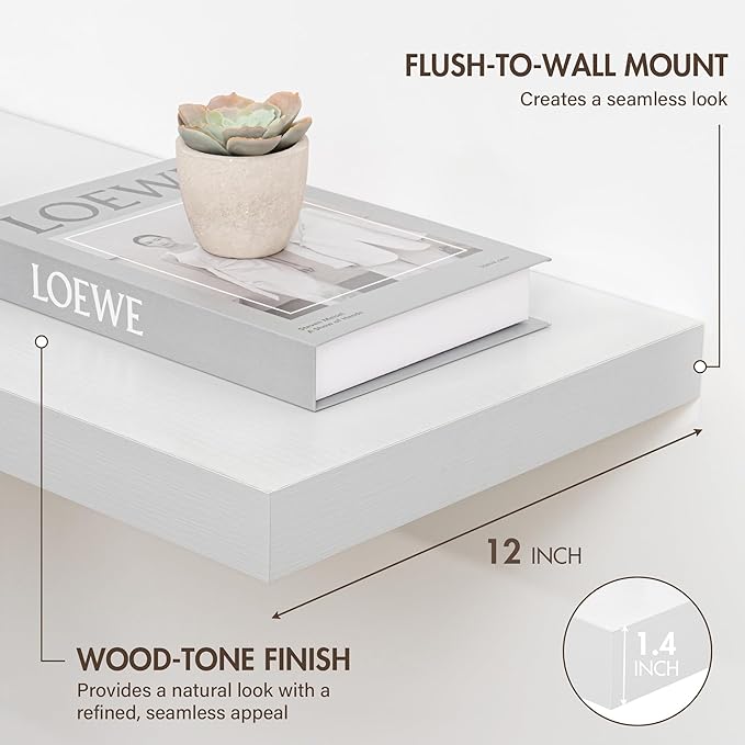 Acovy 12 Inch Floating Shelves, 12" Deep Floating Shelf Wall Mounted, 12" Wall Shelves, Rustic Deep Bookshelf, Extra Deeper Display Shelves & Storage Shelves for Bedroom, Living Room, Set of 3
