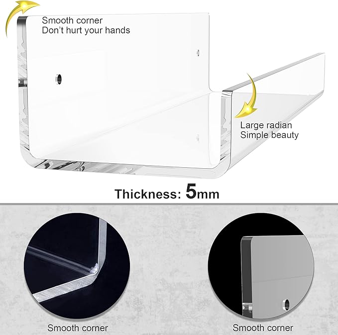15 inch Clear Acrylic Floating Wall Ledge Shelf Display,6pcs Wall Mounted Nursery Kids Bookshelf Invisible Spice Rack, Bathroom Storage Shelves Display for Bedroom Office Toy Picture Ledge, 5MM Thick