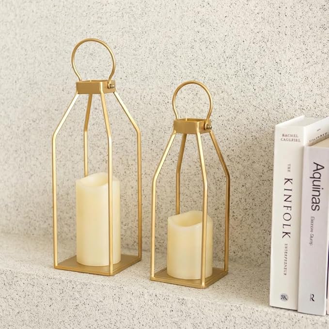 Perfnique Modern Farmhouse Lantern Decor, 15'' 12.6'' Set of 2 Gold Metal Lanterns, 2 LED 6hr Timer Flameless Candles ＆ Remote Timer, Lanterns Decorative for Outdoor, Porch, Fireplace, Patio
