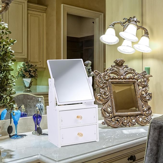 Wakauto Desktop PVC Makeup Mirror with Storage Box, Portable Vanity Mirror with Double Drawers, Cosmetic Organizer for Home Use and Bedroom Dresser