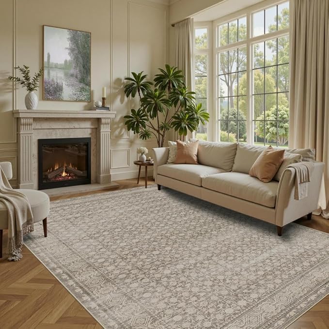 Area Rugs 5x7, Washable Rugs for Living Room, Vintage Boho Rug for Office, Dining Room, Kids Room and Farmhouse, Durable Low Pile Non-Slip Area Rug for High Traffic Areas(Apricot)
