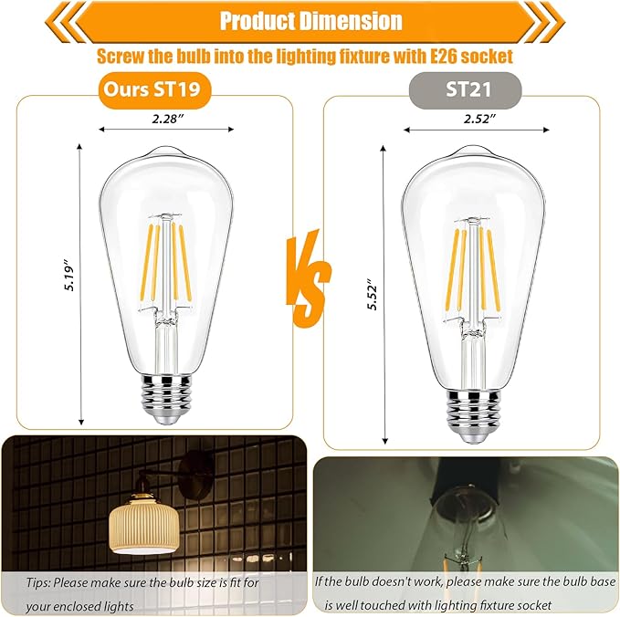 8 Pack Dimmable LED Edison Bulbs 40W Equivalent, 4W ST19 LED Light Bulbs for Ceiling Lighting Fixtures, 90 CRI, 450LM, E26 Base, 2700K Soft Warm White