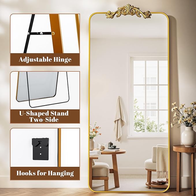 Vintage Full Length Mirror, 76"x34" Floor Mirror with Carved, Full Body Mirrors for Home Decor, Standing/Hanging Large Wall Mirrors for Bedroom/Living Room/Entryway, Gold, Retro Style