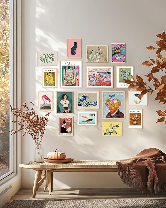 KBKBART Set of 17 Eclectic Wall Art Prints, Colorful Maximalist Wall Decor Canvas Boho Gallery Prints Collage, Vintage Famous Artists Painting Pictures Aesthetic Poster for Funky Room Decor, Eclectic Home Decor for Bedroom Dorm - Unframed