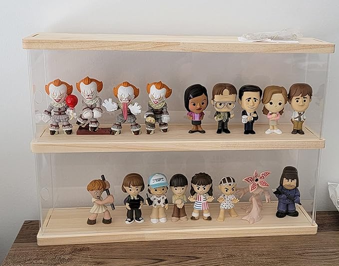 Clear Acrylic Display Shelf Case for Mini Funko Pop, Wooden Display Stand Riser 2 Layer Storage Rack for POP MART The Monsters Lazy Yoga Action Figures Collectibles Toys, 15.55" W x 3.78" D x 10.8" H