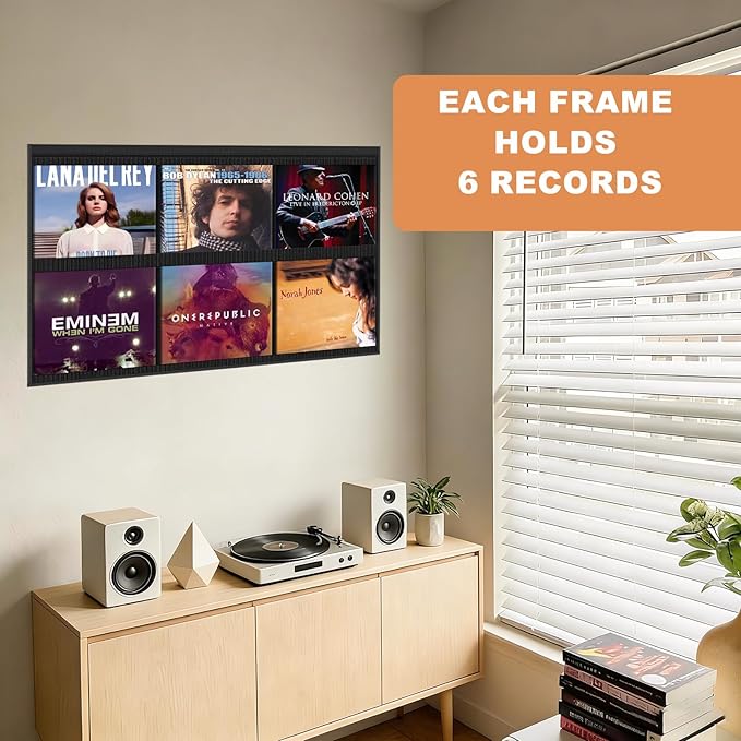 ALSLEA Vinyl Record Wall Shelf - 6 Pocket Oxford Fabric Grid Organizer for 12" LP Covers, No Tools Mounting, Modern Record Display