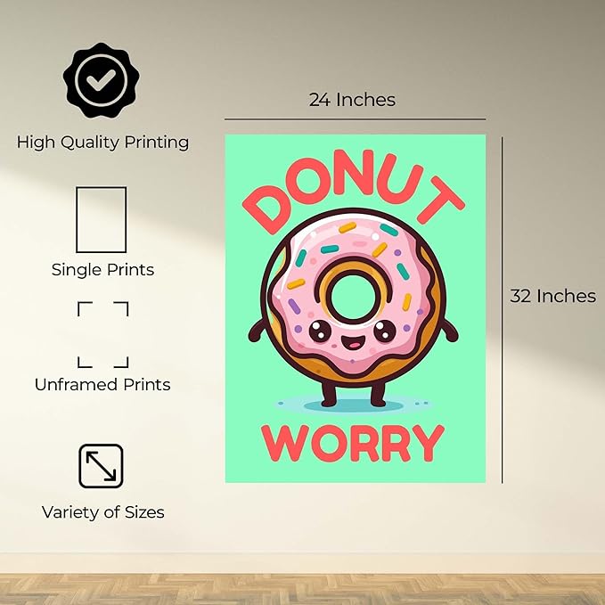 InkFlow Posters Donut Worry Poster - Smiling Donut Illustration - Playful Cartoon Food Art - Kids Bedroom Kitchen Playroom Decor - Cheerful Kawaii Style Print - 24x32 Unframed Canvas Print