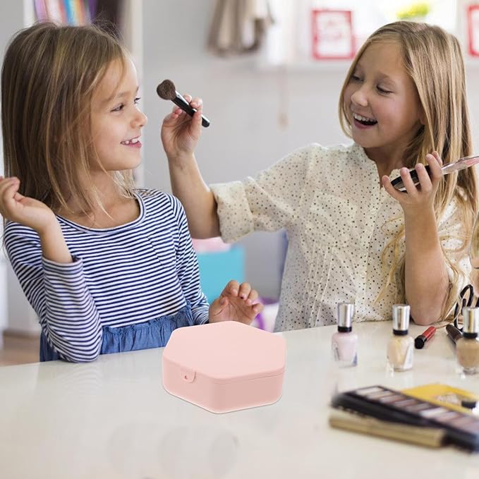 DOITOOL Hexagonal Jewelry Box with Mirror, Pink Portable Makeup Organizer and Necklace Case for Travel, Bracelet Storage and Earring Holder