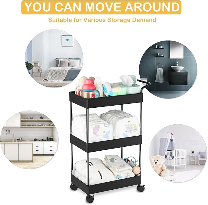 Volnamal Diaper Caddy - Plastic Diaper Organizer for Nursery Essentials, Baby Organizers and Storage, Movable Cart for Changing Table & Crib, Baby Registry Search, Black
