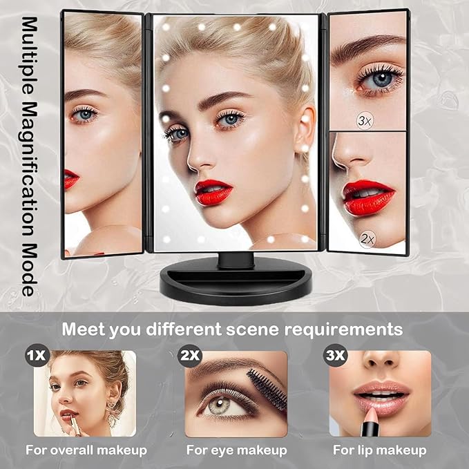 Flymiro Tri-fold Lighted Vanity Makeup Mirror with 3x/2x Magnification,Light up Mirror for Makeup,Touch Screen 21 LEDs,180° Rotation Countertop Cosmetic Mirror,Gifts for Women Mom Teen Girls