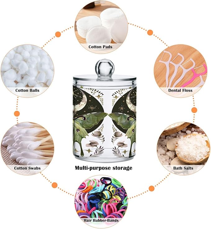 4 Pack Qtip Holder Dispenser Luna Moth Moon Cotton Ball Swab Round Pads Floss Clear Bathroom Storage Containers Plastic Apothecary Jars with Lids