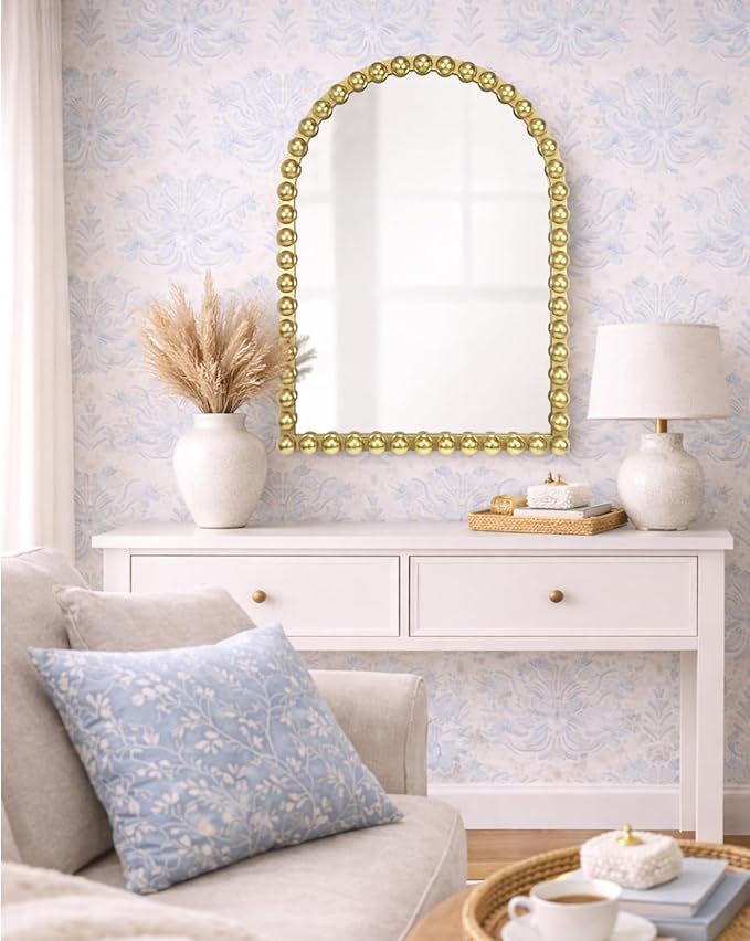 Gold Beaded Arched Wall Mirror 22x30 Inch, Vintage Decorative Arch Mirror with Beaded Frame, Accent Mirror for Entryway, Bathroom, Living Room, Bedroom, Fireplace