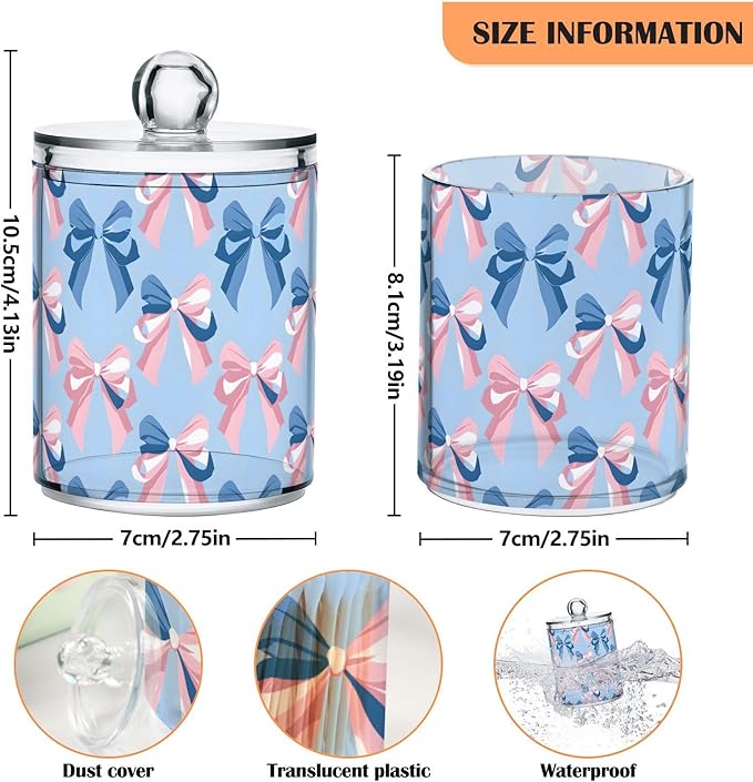 2 Pack Qtip Holder Dispenser for Cotton Ball Pink Bow Blue Pattern Swab Round Pads Clear Plastic Acrylic Jar Set Bathroom Canister